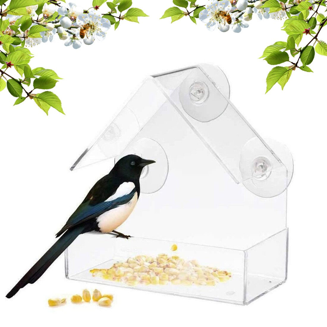 Green Bird Feeder Plastic Hanging Bird Food Container Outdoor Waterproof Bird Feeder Pet Drinking Fountain Dispenser: Transparent