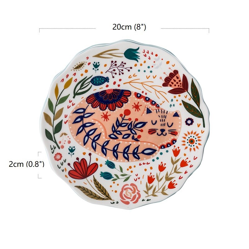 8 Inches Japanese Style Hand-painted Cartoon Cat Dinner Plate Sets: E
