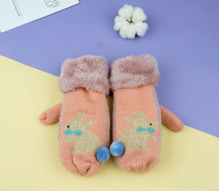 5-8Y winter kids children soft Gloves warm mittens boys girls Cartoon rabbit knitted warm plus velvet gloves for kids: pink