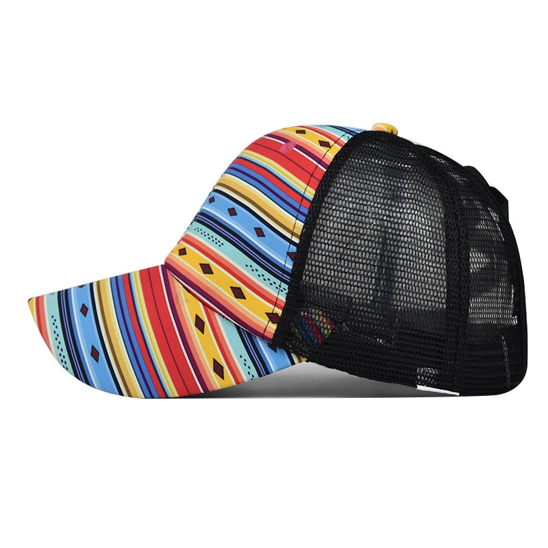 Ponytail Baseball Cap Women Printed Colorful Rhombus Trucker Caps Casual Summer Snapback Hat Glitter Brim Satin Dad hat