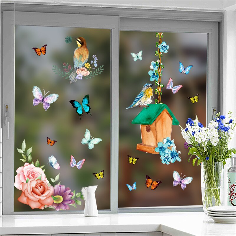 Fjäril fönster klistermärken fåglar på trädgren anti-kollision mot fågelangrepp glas blommor dekaler statisk klistermärke dekor utan lim