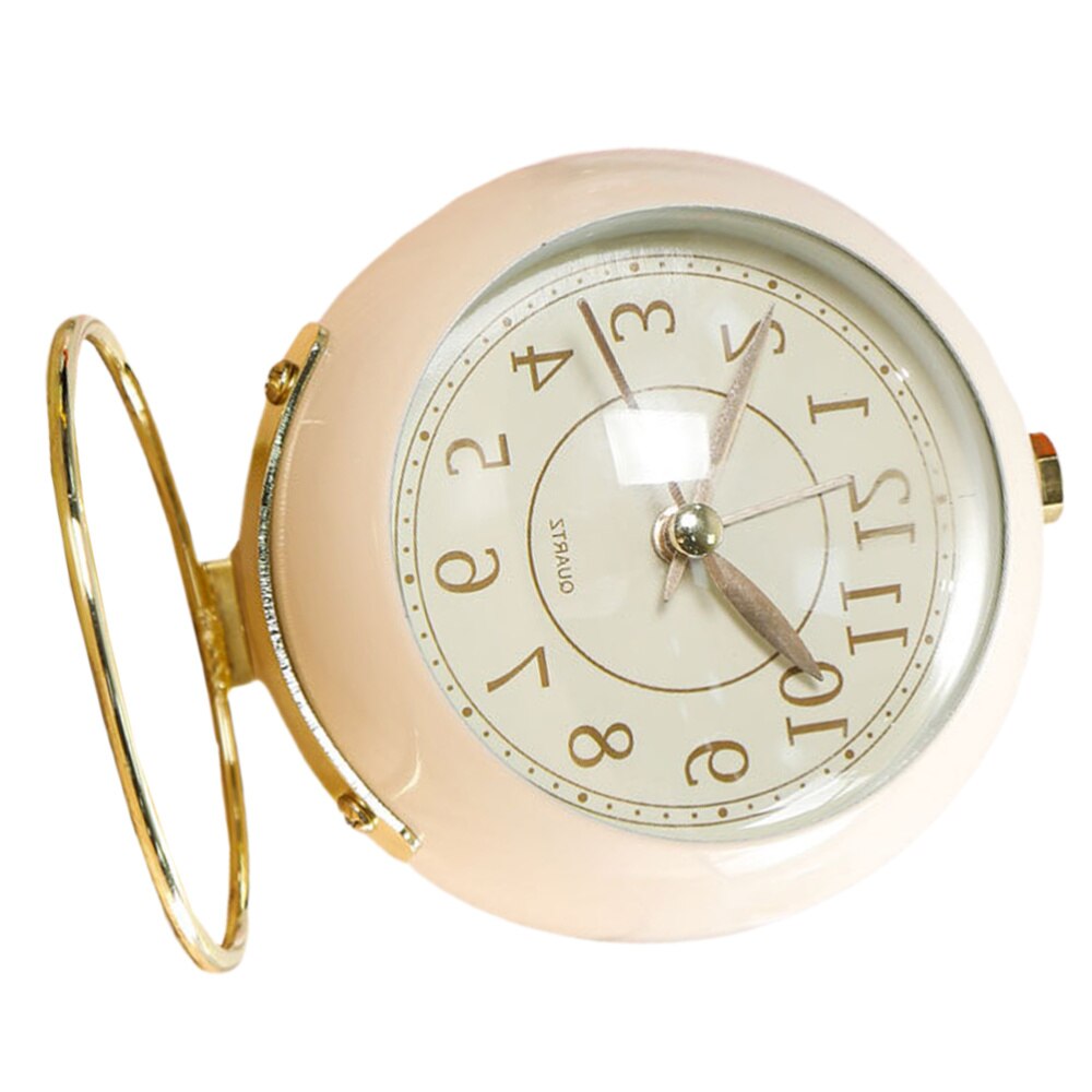 Metal Alarm Clock Round Alarm Clock Desktop Alarm Clock Bedside Alarm Clock (Beige Shipment without Battery)