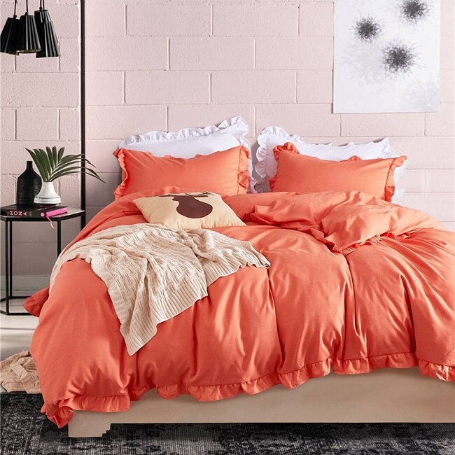Romantische Roze Beddengoed Set Elegante Ruches Rand Dekbedovertrek Set 2/3 stks Bed Linnen Dekbedovertrek Twin Queen koning Bruiloft Decoratie: orange / US Twin  2pcs