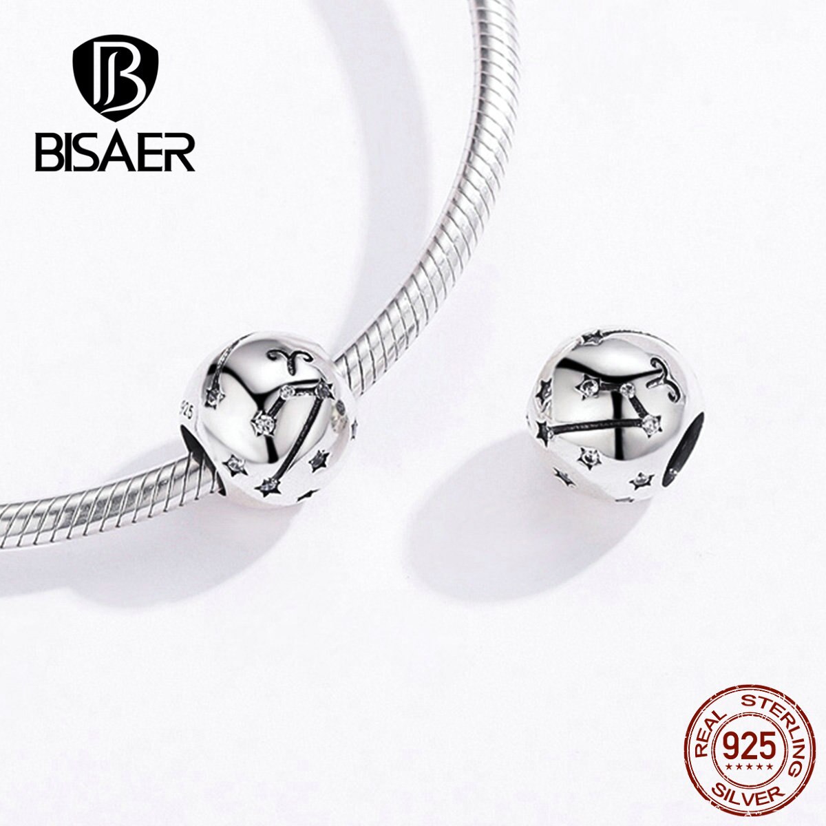 BISAER Vendita Calda 925 Sterling Silver Dodici Costellazioni star Segno Dello Zodiaco Fascino Dei Branelli Misura Il Pendenti e Ciondoli Bracciali Gioielli FAI DA TE