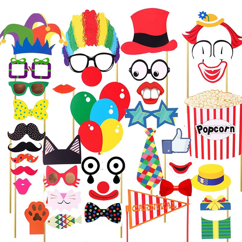 36PCS Attached Photo Booth Props Circus Photo Prop For Wedding Birthday Carnival Bachelorette Dress-Up Acessories Party Supplies