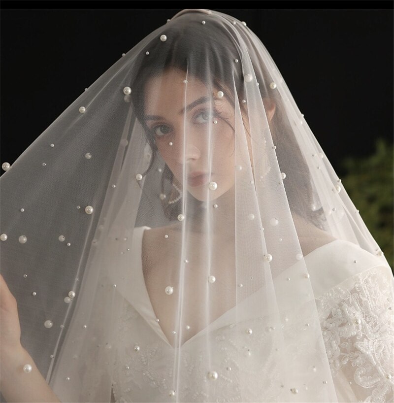 Voile de mariée blanc/ivoire/Champagne, Long deux niveaux, couvrant le visage, avec perles, avec peigne