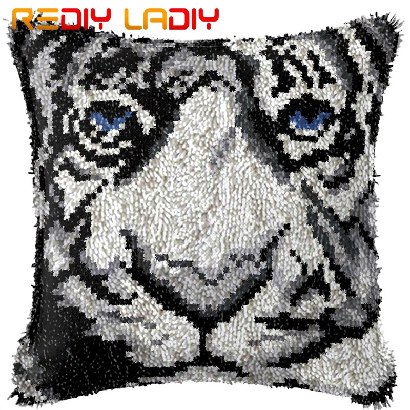 Spärrkrok kudde katt med blommor örngott tryckt färg canvas akryl garn låst krok kudde virkade kuddfodral kit: Bz835
