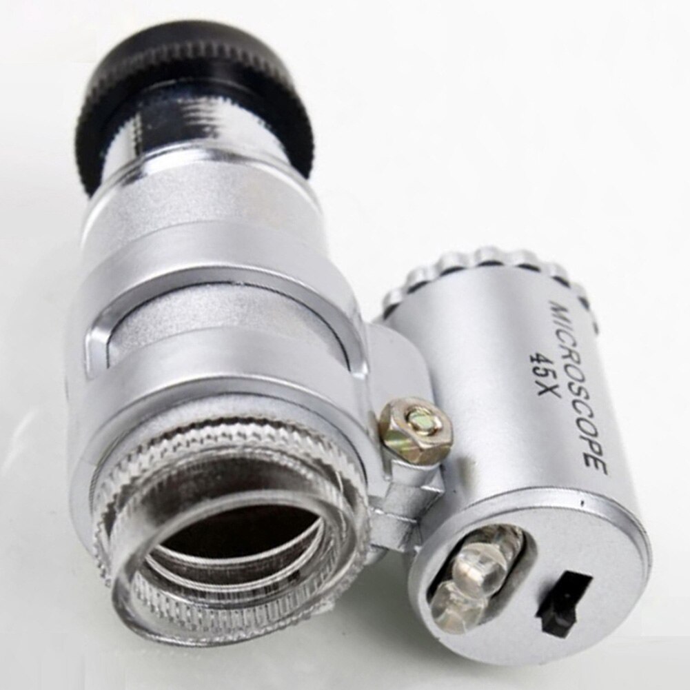 Luxe Sliver 45x Handheld Mini Pocket Microscoop Loep Juwelier Vergrootglas Met 2 Led Licht Met Pvc Lederen Etui