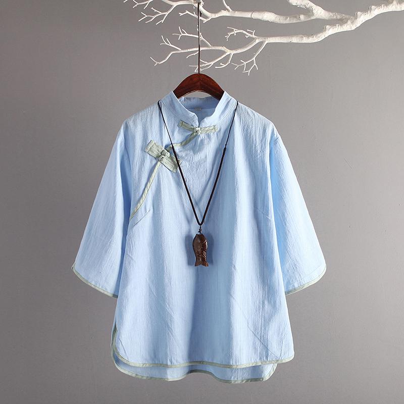 Nagodo chinois tunique Top traditionnel chinois vêtements améliorés Zen manches lâche lin hauts femmes coton Cheongsam chemise: blue