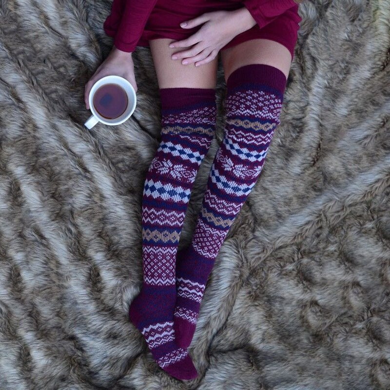 Merk dames beenwarmers winter warm over de knie lang hoog kerst print herfst knielengte zacht: Bordeauxrood