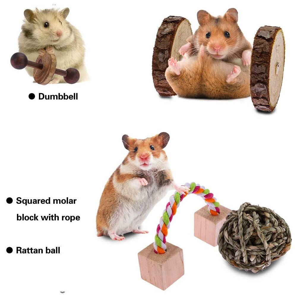 10 stk / sæt kæledyr hamster naturligt træ tygle legetøj chinchilla bur tilbehør kanin legetøj træ håndvægt træning klokke rulle