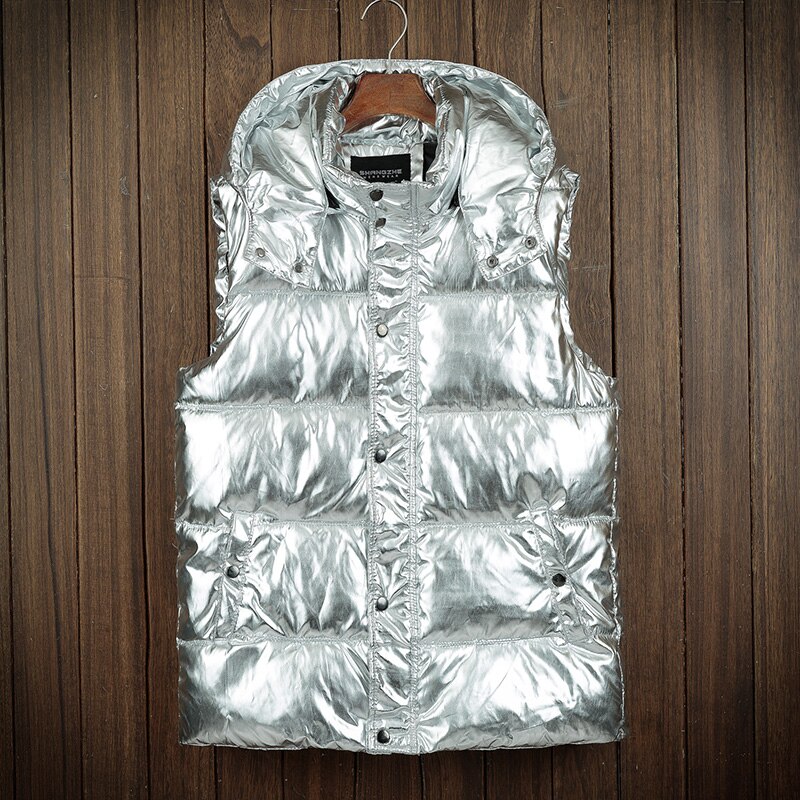 Glossy Vest Mannen Winter Mouwloze Jassen Goud Zilver Toevallige Stevige Dikke Warme Vesten Hooded Jassen Mannelijke Vest Jassen