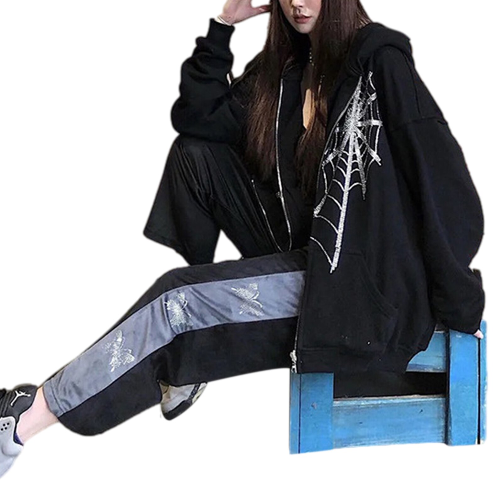 Women Hooded Sweater Adults Rhinestone Spider Web Pattern Long Sleeve Zipper Cardigan with Pocket