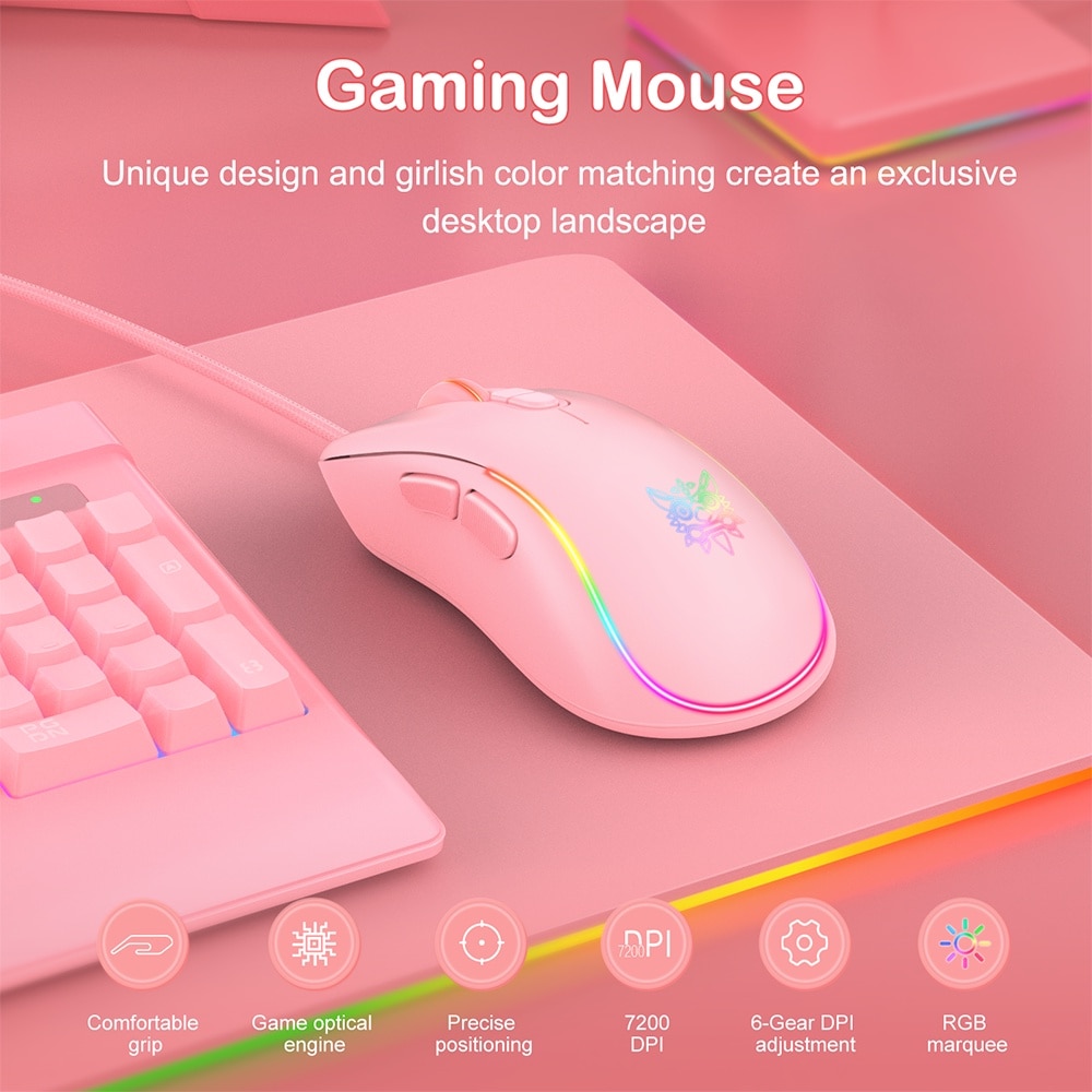 Onikuma CW907 Pink Cute RGB Wired Mechanical Gaming Mouse Mice Streamer Light Effect 6-speed DPI Gaming Mice