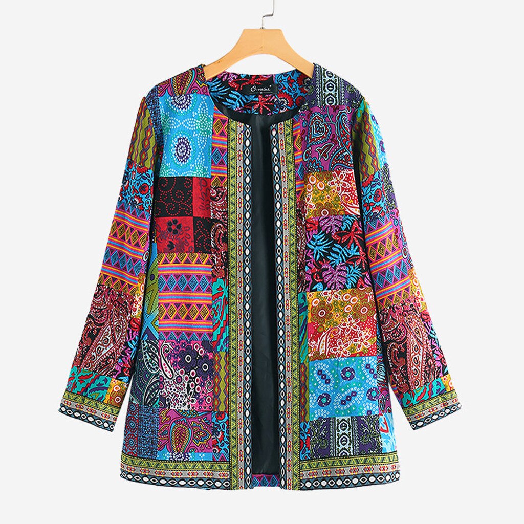 Mode Jassen Vrouwen Herfst Jas Vintage Etnische Stijl Bloemenprint Lange Mouwen Plus Size Katoen Bohe Vrouwelijke Jas Jas # t2g