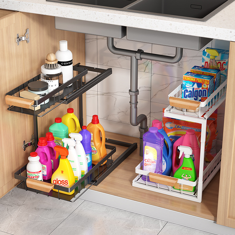 Organizadores y almacenamiento debajo del fregadero de 2 niveles con cajón deslizante, estante de baño multiusos, organizador para almacenamiento de cocina y baño