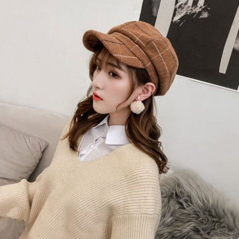 Falll Winter Plaid Wool Newsboy Hat for Women Octagonal Newsboy Cap Ladies French Disigner Hat Casual Hat Girls Painter Cap: 4