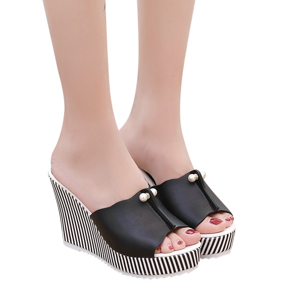 Sommar kilar sandaler höga klackar strand tofflor platå rand pärlsandaler flip flops dam skor sandalias mujer skor: Svart / 40