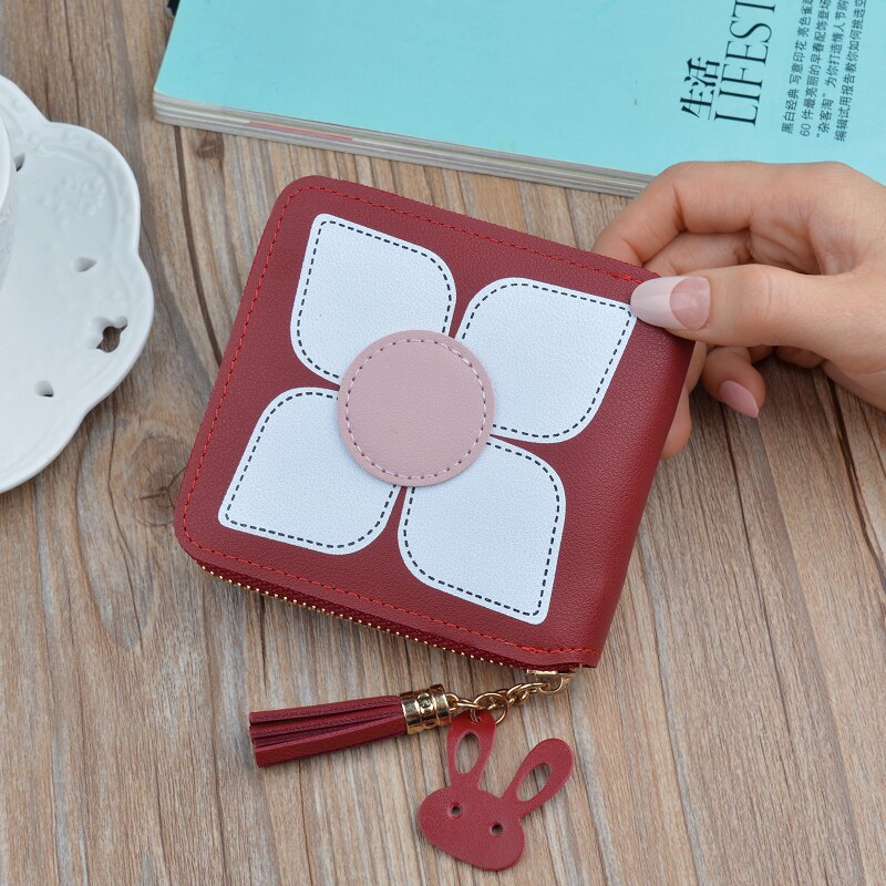 Women's Coin Purse Flower Pattern Leather Card Holder Multifunctional Storage: Burgundy