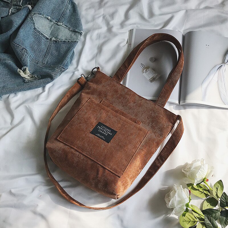 Kvinder corduroy lynlås skuldertaske bomuld lærred håndtaske afslappet tote kvindelig eco crossbody taske damer vintage messenger tasker: Khaki