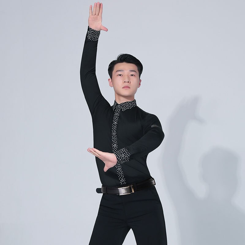 Doble de los hombres de camisas ropa de baile de salón vals tango Latina largo para baile de manga práctica negro rendimiento