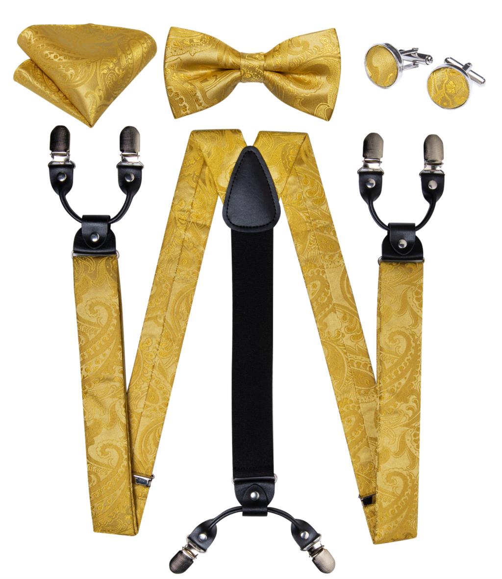 Luxury Yellow Men's Suspenders Silk Elastic 6 Clips Braces Wedding Party Accessories Men Y-back Suspenders Bow Tie Set DiBanGu: BD-4024