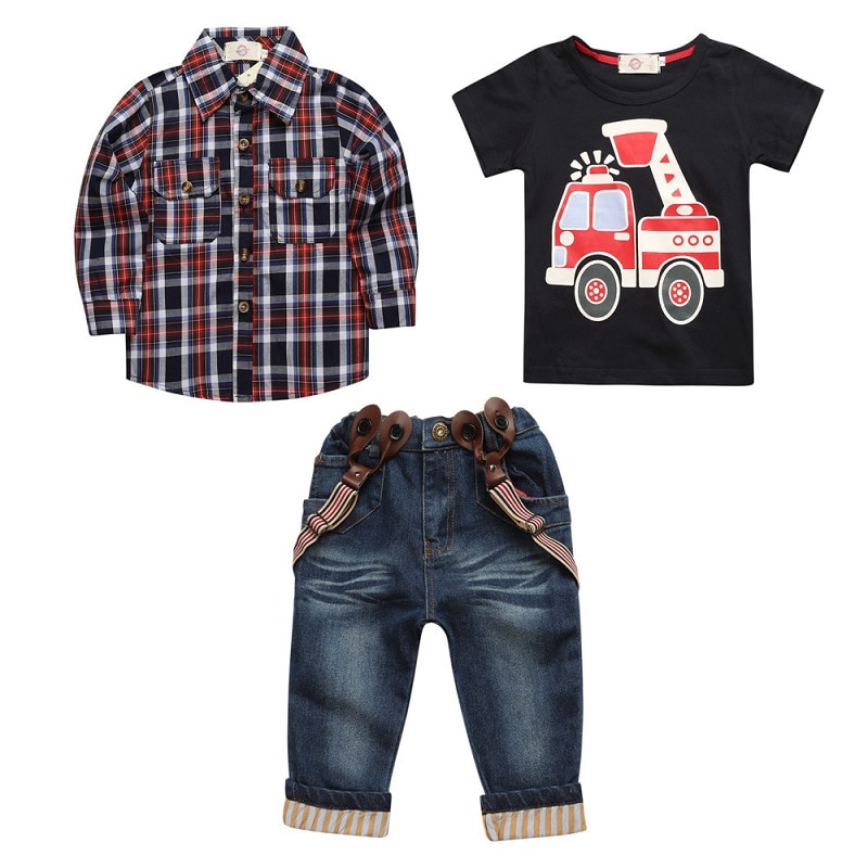 Hooyi drenge jeans sæt 3 stk plaid skjorte overall brandbil t-shirt jeans bukser seler børnetøj bil outfit bukser jakkesæt