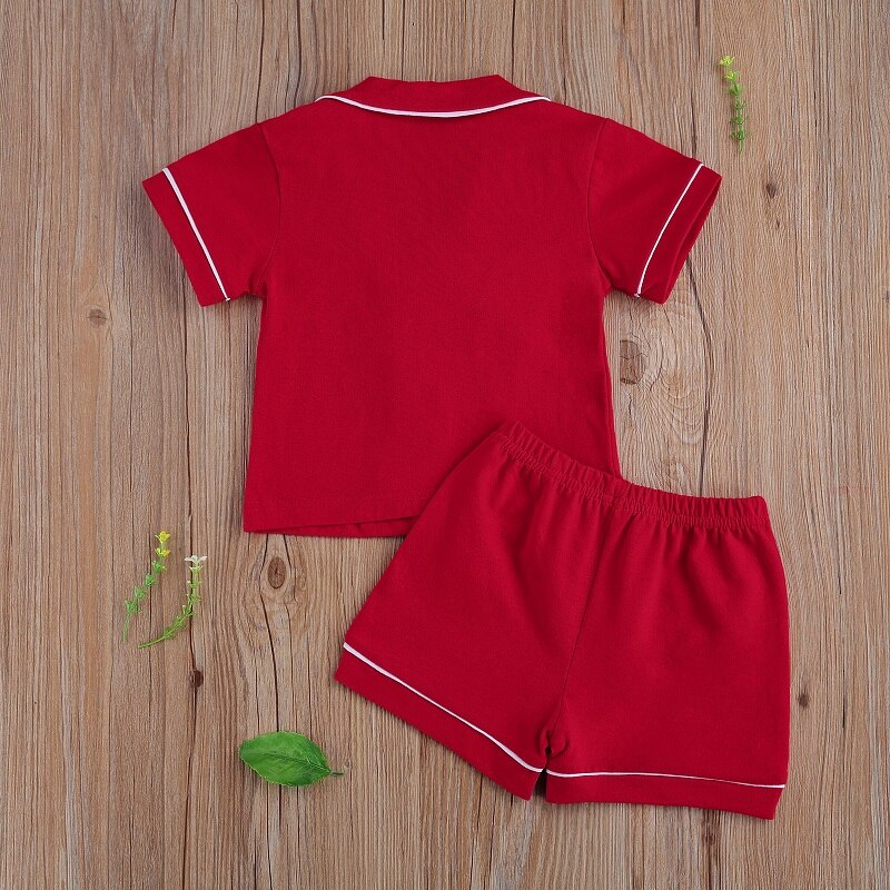 1-7Y Kleine Jongen En Meisje 2 Stuk Pyjama Pak, kinderen Effen Kleur Korte Mouw Knop Top, Korte Broek Past