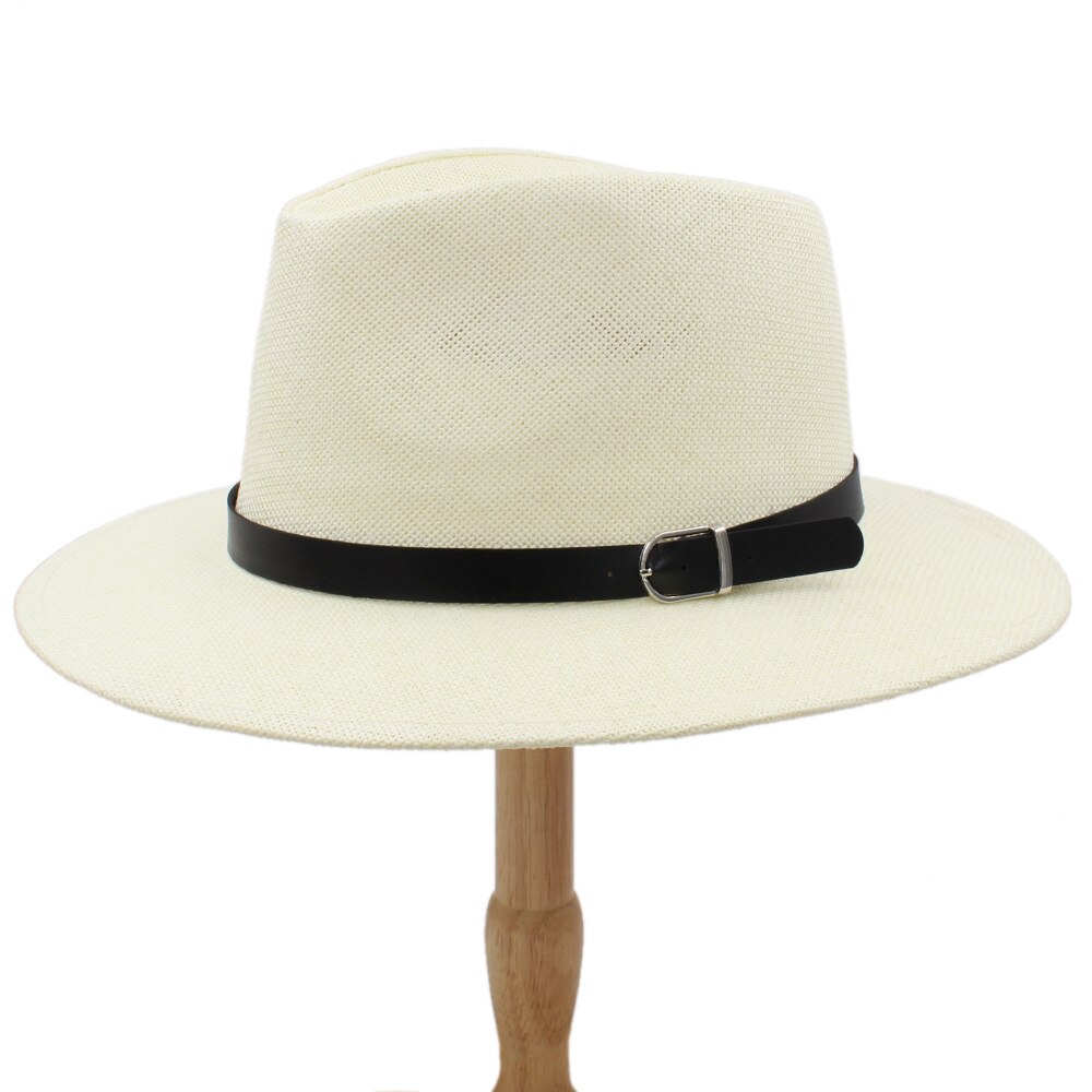 Women Men Straw Summer Sun Hat With Wide Brim Panama Hat For Beach Sunbonnet Sunhat With Belt Size 56-58CM: Cream