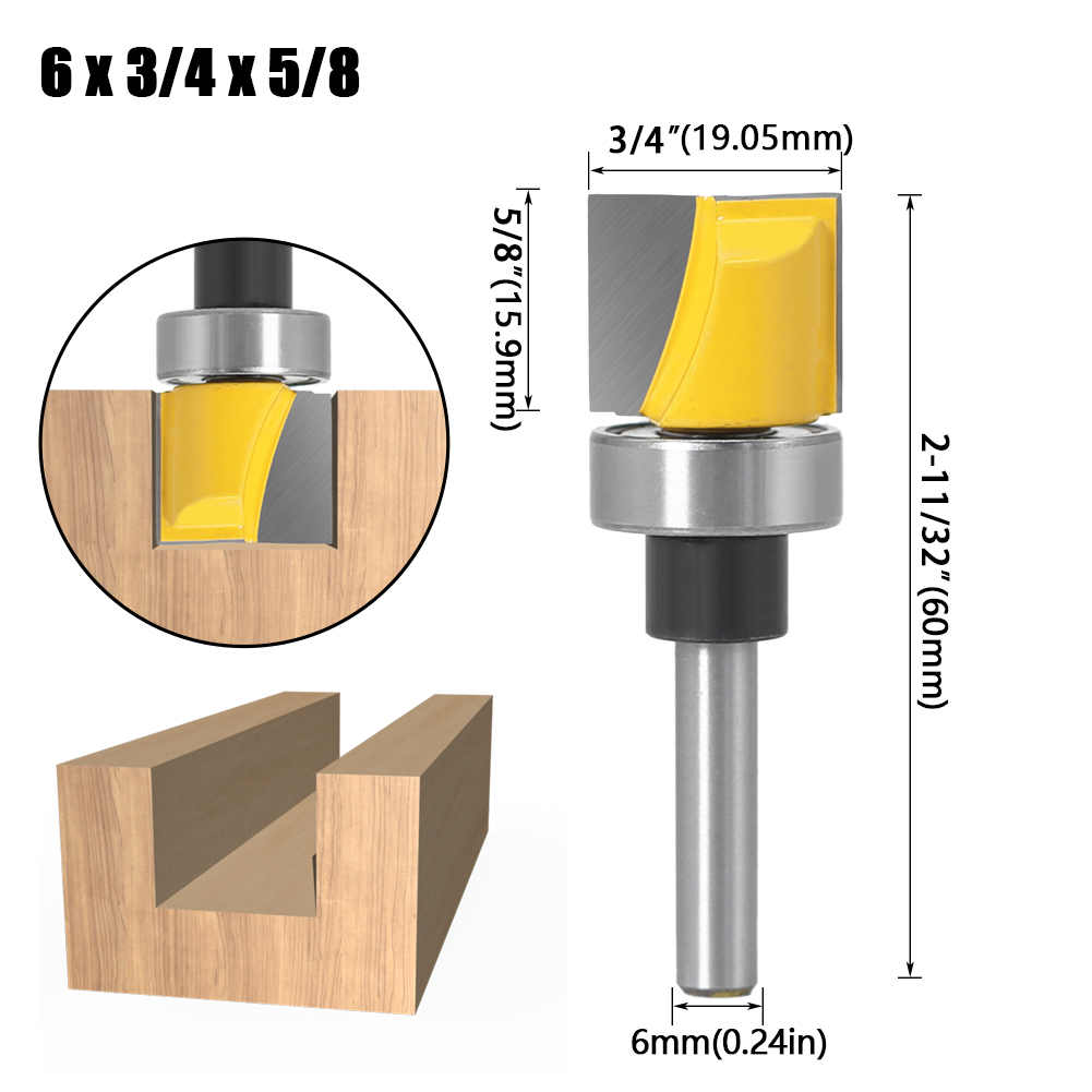 1/4"&amp; 6mm Shank Pattern Bit Flush Trim Bit Straight Bit with Bearing Hinge Mortising Router Bit Wood Trimmer Cutter: 6X19.05