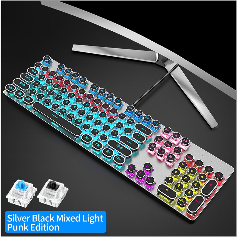 Punk Gaming Mechanical Keyboard Keys Multimedia Knob Steampunk Keyboards Metal panel for Laptop Desktop US Russian Sticker: punk button black / Black Switch