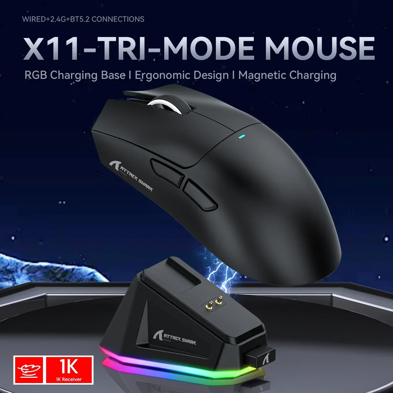Attack Shark X11 Tri Mode PAW3311 2.4G-Gaming Mouse Magnetic Rechargeable Connectivity Ultra-Light Wireless E-sports for PC-LAP: PURPLE