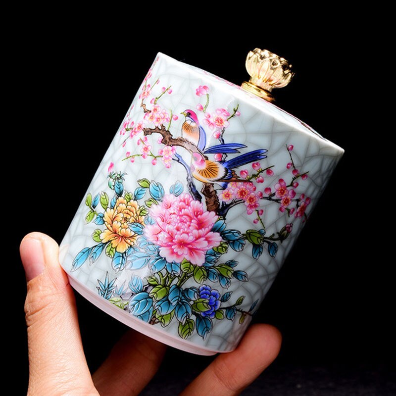 Ceramic Floral Pattern Tea Caddy Tea Box Enamel Sealed Storage Jar Tea Can Puer Container Teaware Home Decor