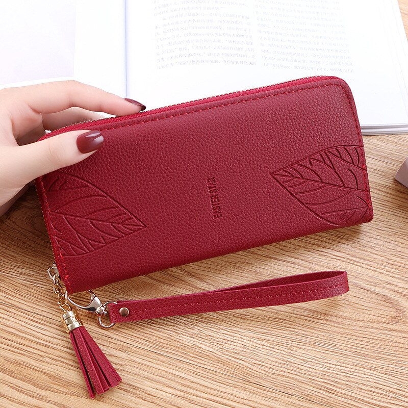 Womens Clutch Wallets PU Leather Purses Female Wristband Leaf Print Long Women Purse Large Capacity Bag Women Wallet: wine red