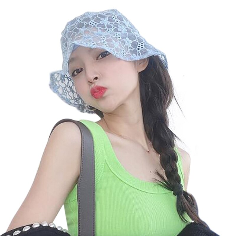 Sombrero blanco de ala ancha para mujer, gorra ahuecada de encaje, linda flor, de verano: L