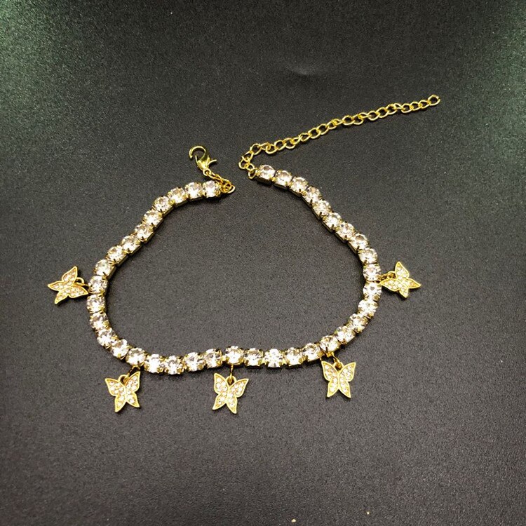 Stainless Steel Shining Rhinestone Ankle Chain Butterflies Pendant Anklet for Women Foot Jewelry Luxury Simple