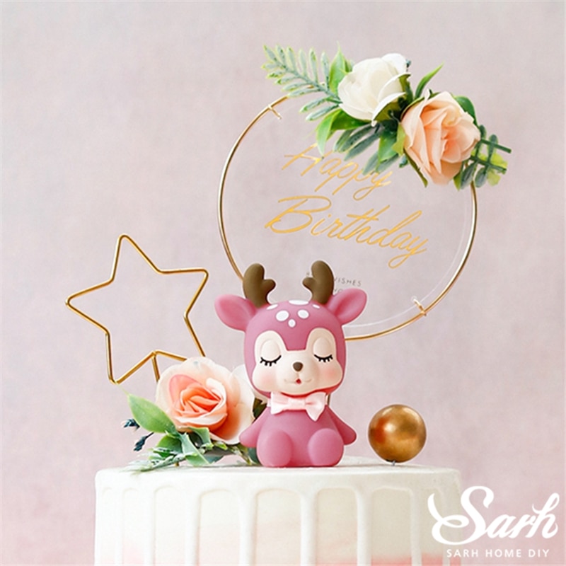 Pink Sika Deer Cake Toppers Artificial Flower Birthday Decor for Party Supplies Wedding Baby Shower Anniversary Baking