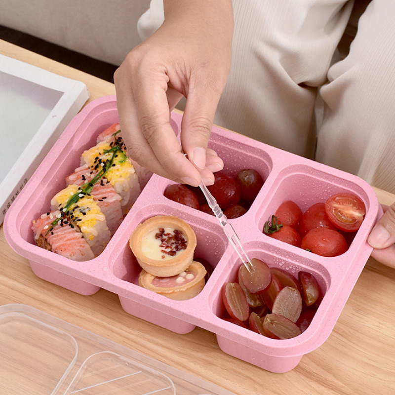 Lunchbox met vijf compartimenten en deksel, thee- en snackbox, lunchbox van tarwestro, bento-box, vershoudbakje voor snacks, snackbox.