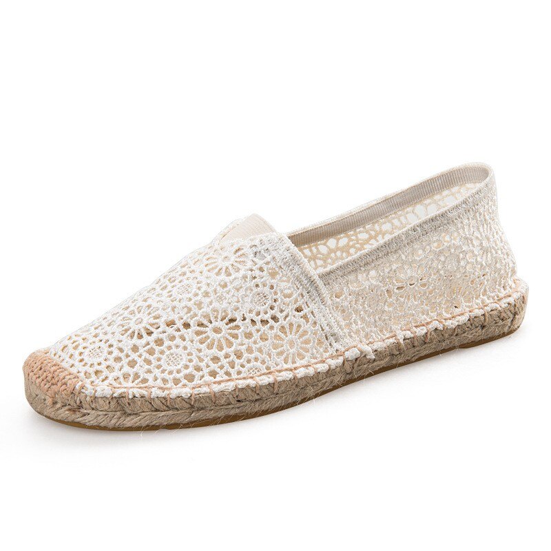 Kvinder lejligheder espadriller blonder halm fisker sko sommer hult hul fritidssko stor størrelse dame hamp reb sandal sko: Beige / 7