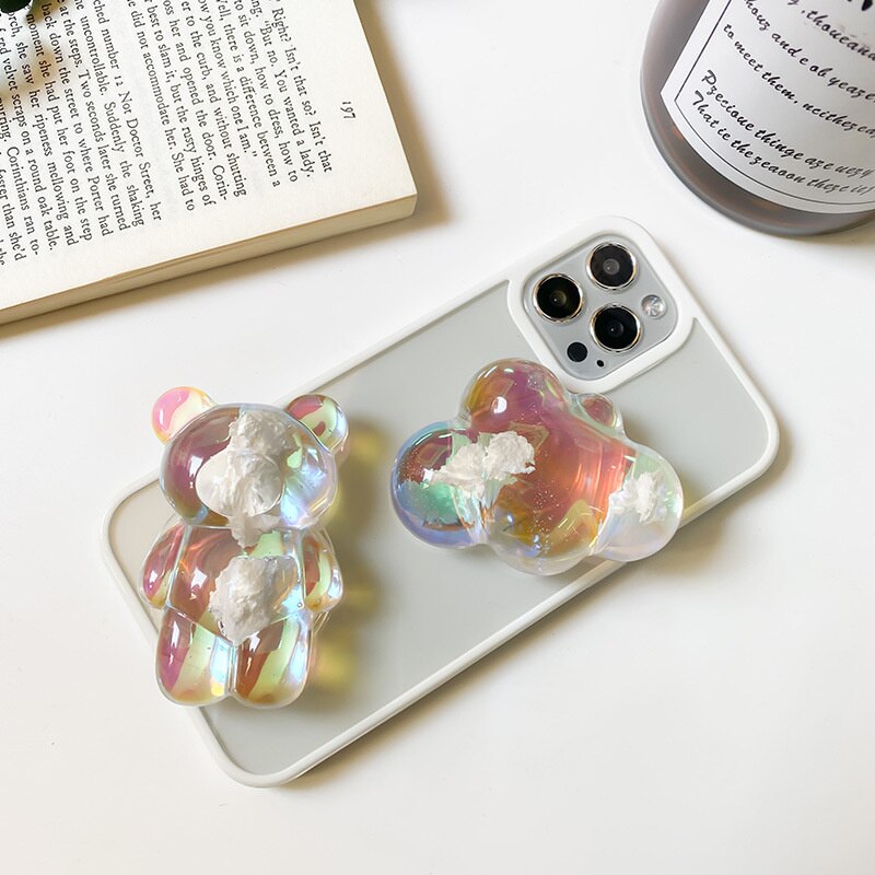 Luxury 3D Cute Bear Epoxy Real Flower Phone Holder Stand For iPhone Samsung Cellphone Bracket Telephone Support Phone Girp