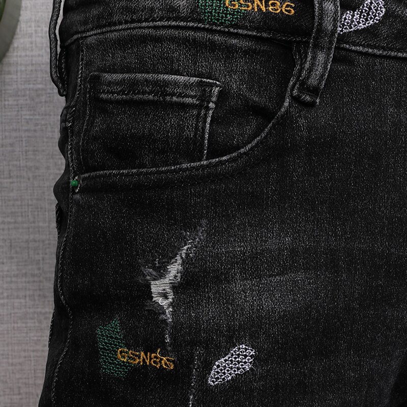 Estilo coreano moda masculina jeans de alta qualidade elástico fino ajuste rasgado denim lápis calças streetwear hip hop casual calças compridas