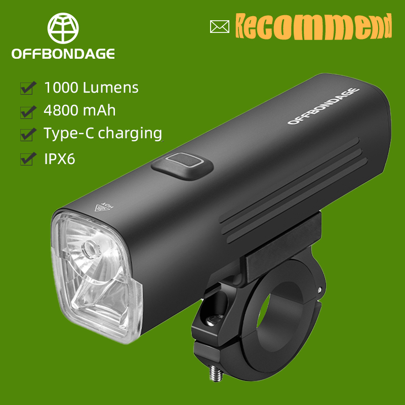 OFFBONDAGE Fahrrad-Frontlicht, regenfest, über USB wiederaufladbar, Fahrradlicht, 1000 lm, Fahrradscheinwerfer, LED, 4800 mAh, Taschenlampe, Fahrradlampe: Licht Grau