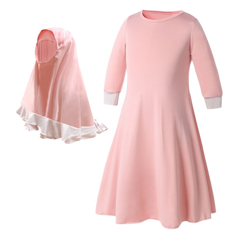 Girl's Prayer Dress Solid Hijab Flower Printed Long Sleeve Prayer Set For Muslim Girls (Pink, 12-18 Months