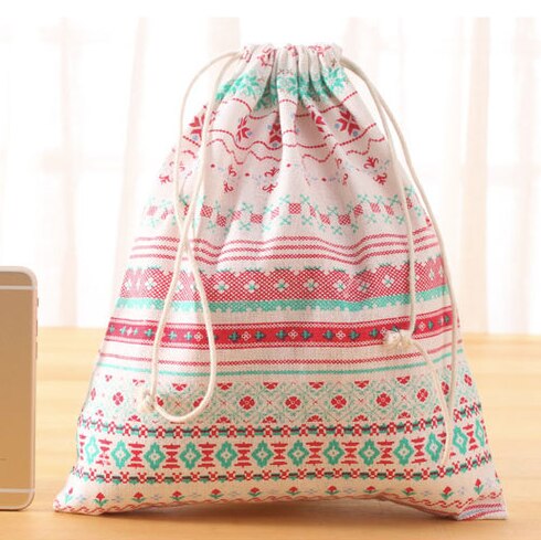 Handmade Cotton Linen Women Drawstring Bags Casual Cartoon Print Travel Home Storage Bag Environmental Reusable Fabric Pouch Bag: geometric L