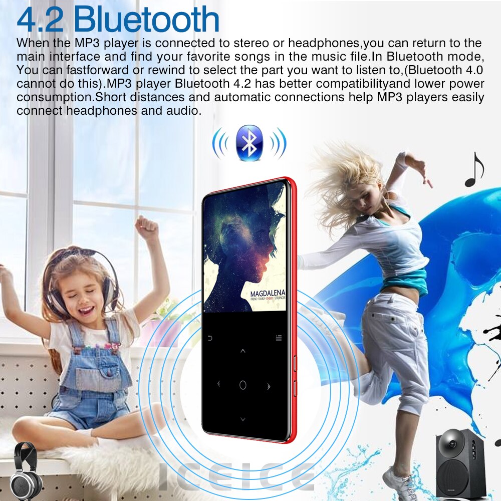 MP4 Player with Bluetooth Hifi Metal Portable Walkman Fm Radio Recording Built-in Speaker Touch Key 2.4 Inch Tft Screen 128GB