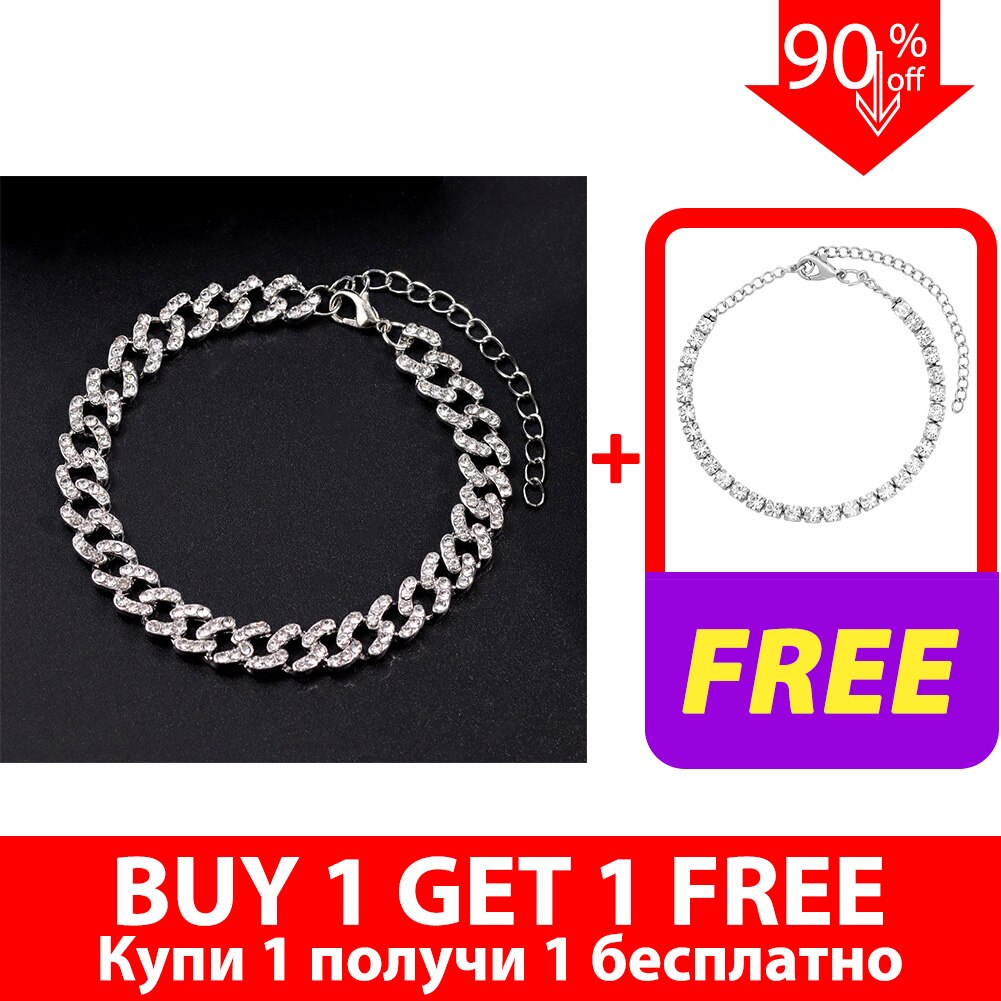 Mode Chunky Metalen Ketting Enkelband Voor Vrouwen Mannen Rhinestone Goud Zilver Kleur Cubaanse Voet Armband Punk Hip Hop Rock sieraden: J006702SL