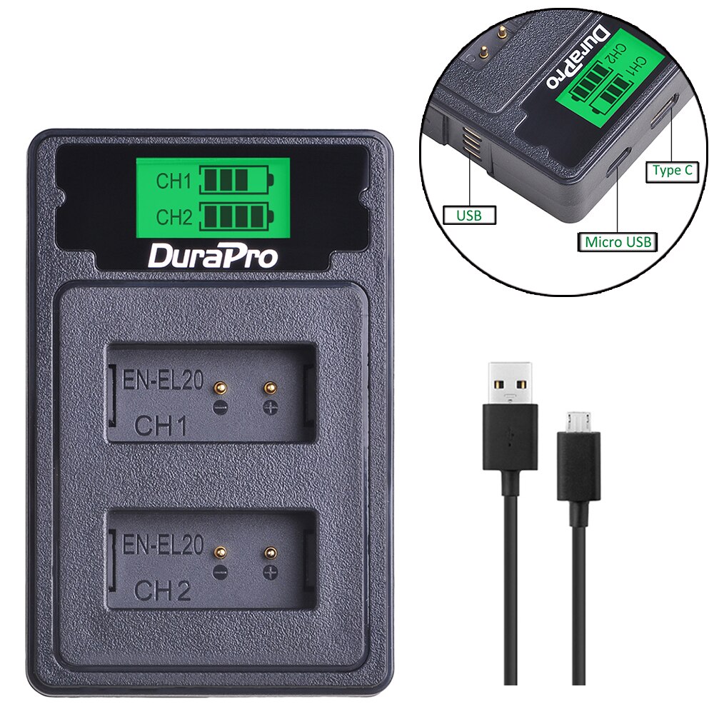 No -el20a en -el20 batteri + lcd dobbel lader for nikon en  el20 el20a coolpix  p1000, 1 j1, 1 j2, 1 j3, 1 s1, 1 v3,  a , a 1, aw1: 1x ladere