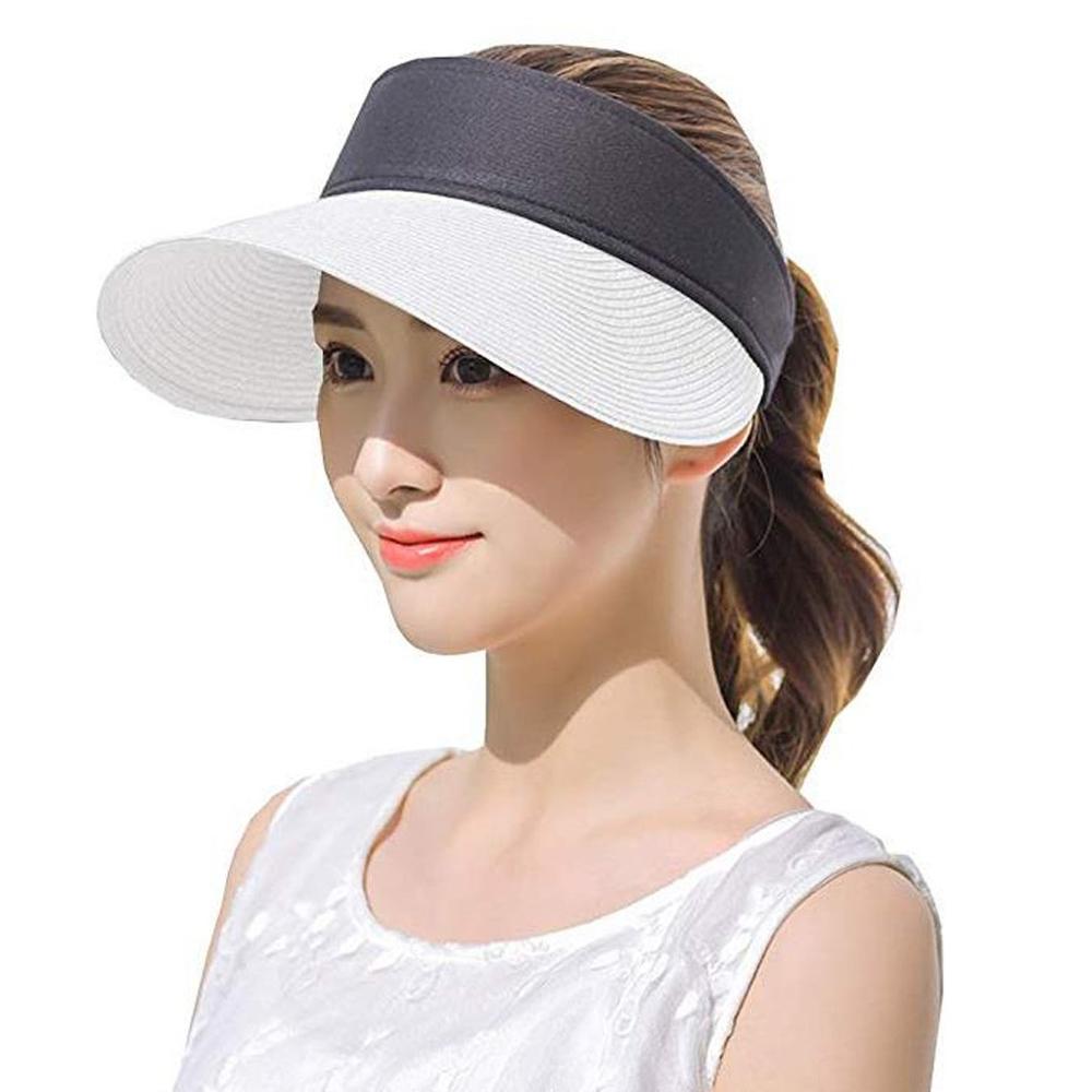women summer Straw Bohemia Sun Hats pearl packable sun visor hat big heads wide brim beach hat UV protection female cap white: White