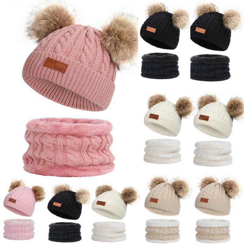 Baby Knit Hoed Meisje Hoed Set Dubbele Haarbal Cap 2 Stuks Warm Jongen Wollen Muts Sjaal Winter Accessoires Beanie skullies Gorro 0-3 Jaar