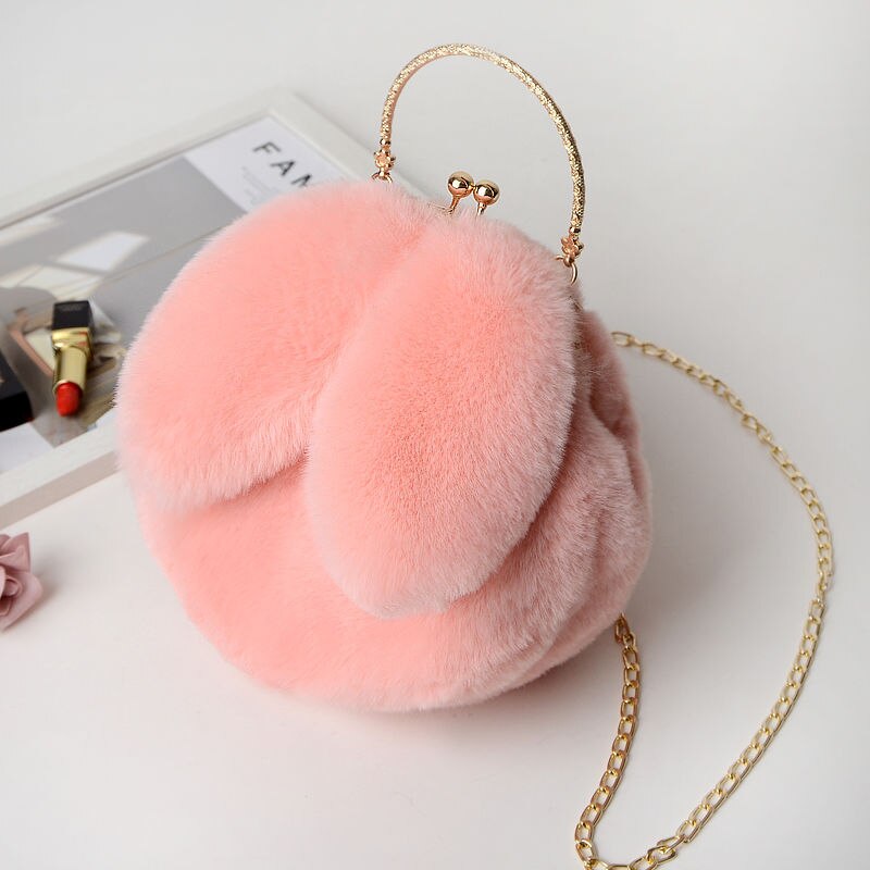 Faux Fur Rabbit Ears Plush Kawaii Round Bag Shoulder Crossbody Bags Women Chain Messenger bag Ladies Solid Furry Handbag: Pink B